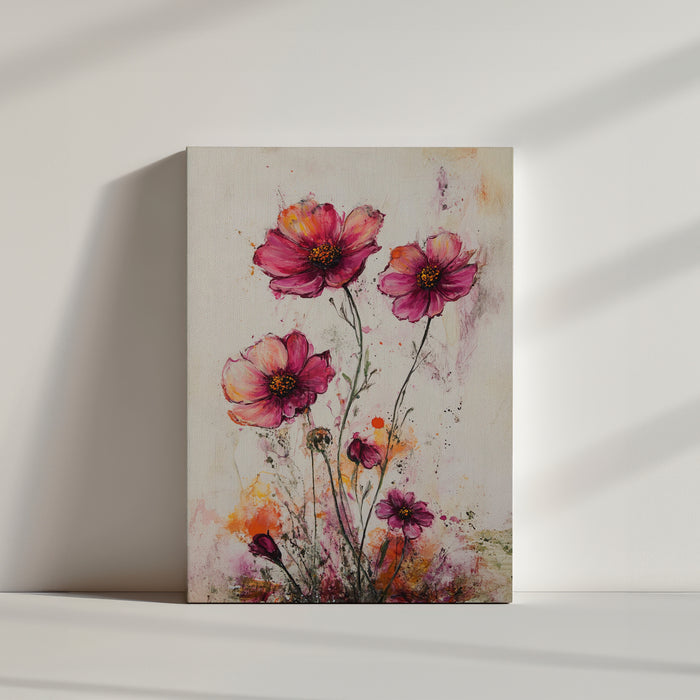 Cette œuvre artistique met en scène des fleurs aux nuances vibrantes de rose, orange et jaune, peintes avec une touche expressive et texturée. Les pétales semblent danser sous l'effet de coups de pinceau dynamiques, offrant un effet visuel riche et lumineux. Le fond clair met en valeur la délicatesse des fleurs, créant une atmosphère douce et chaleureuse.