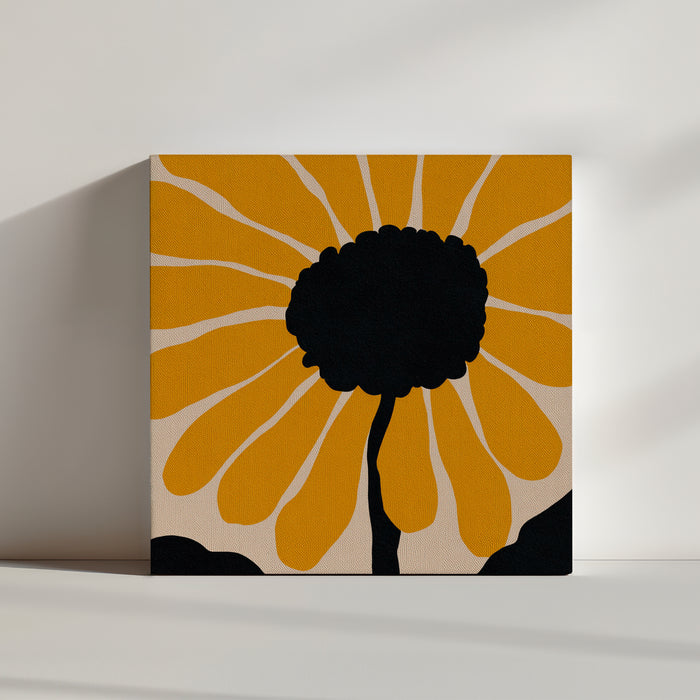 Abstract floral wall art with bright yellow petals on a beige background, vibrant modern style