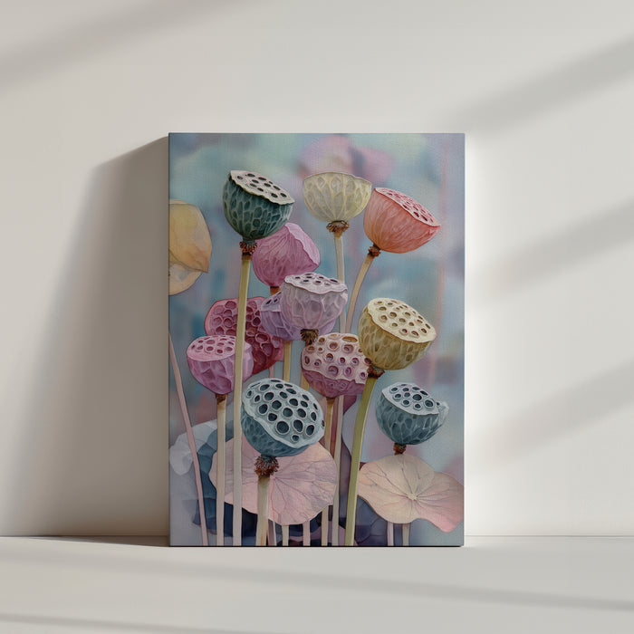 Tableau floral aquarelle de capsules de lotus colorées, ambiance douce et poétique