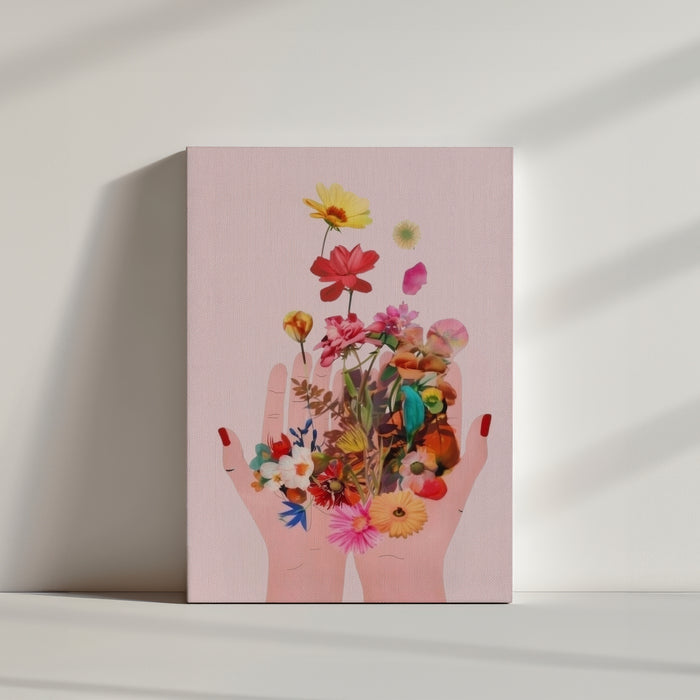 Illustration florale colorée s'élevant de mains ouvertes sur fond rose pour une déco poétique et onirique