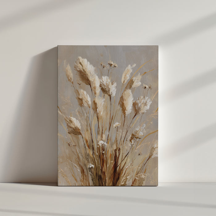 Tableau floral texturé représentant des herbes de pampas dans des tons beige et ocre, évoquant un style naturel et épuré