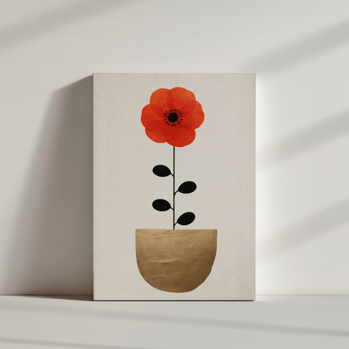 Minimalist floral wall art with a red flower and a gold vase, clean contemporary style