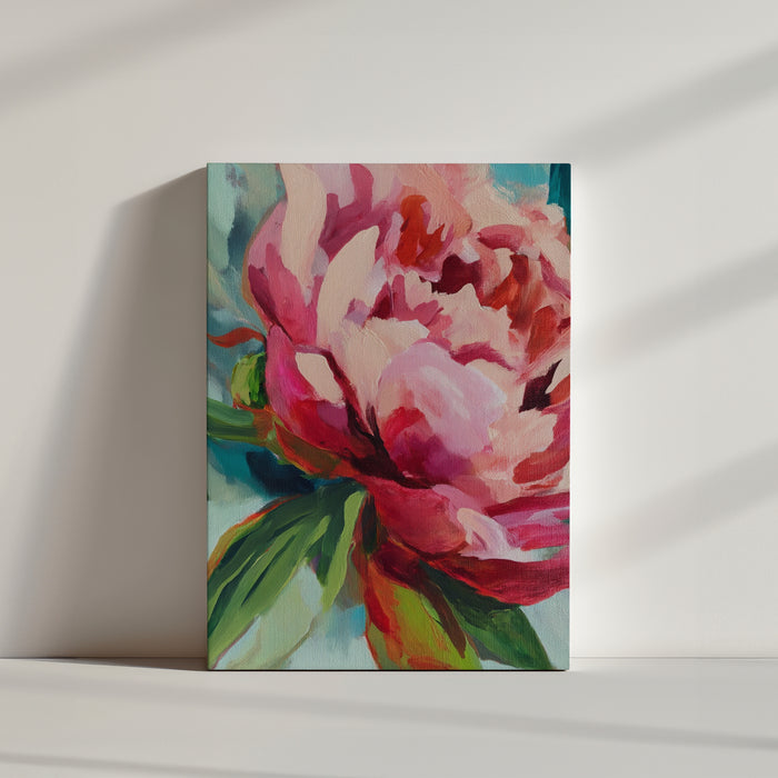 Vibrant pink and green floral painting, impressionist style wall art