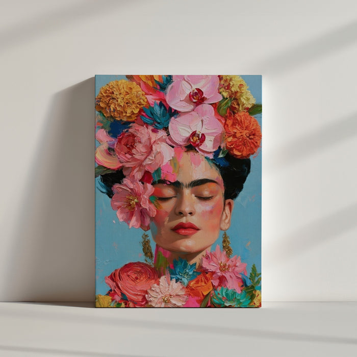 Frida Kahlo Leinwandbild mit Blütenkrone vor blauem Hintergrund, am Boden inszeniert – minimalistisches Wohnambiente