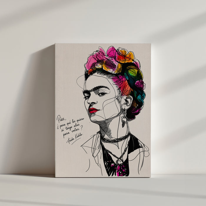 Frida Kahlo canvas print on floor, pink and orange flowers, minimalist line art portrait ready to hang