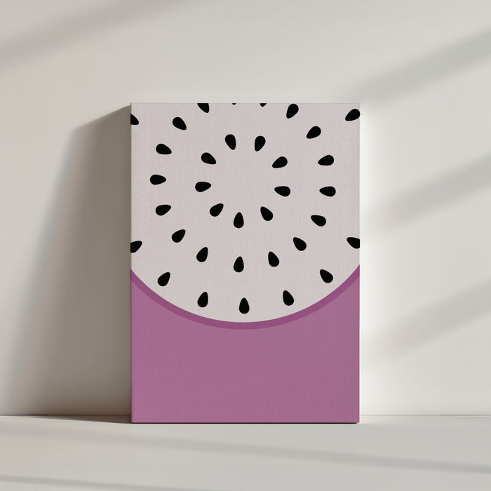 Hand-drawn dragon fruit slice on a purple backdrop, near-round oval shape with black seeds