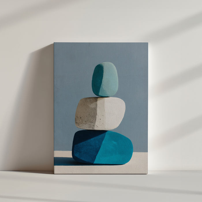 Abstract stack of blue and beige zen stones on a textured backdrop, minimalist style