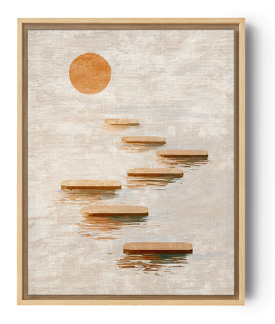 Tableau zen aux pierres flottantes sous un soleil rouge, style minimaliste apaisant
