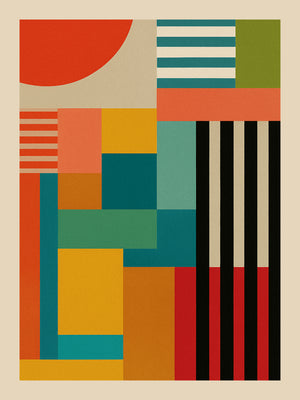 Tableau mural abstrait aux formes géométriques et tons chauds, accroché dans un salon contemporain pour une touche artistique et design.