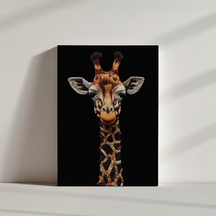 Stylized giraffe embroidered wall art in colorful thread on a black background