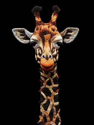 Girafe stylisée en broderie colorée sur fond noir, alliant détail animalier et expression artistique textile.