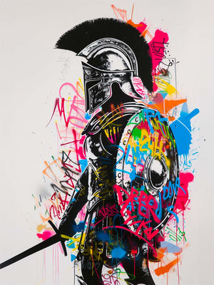 Silhouette of an armored gladiator with graffiti featuring paint splashes and tag marks in a multitude of vibrant colors.
