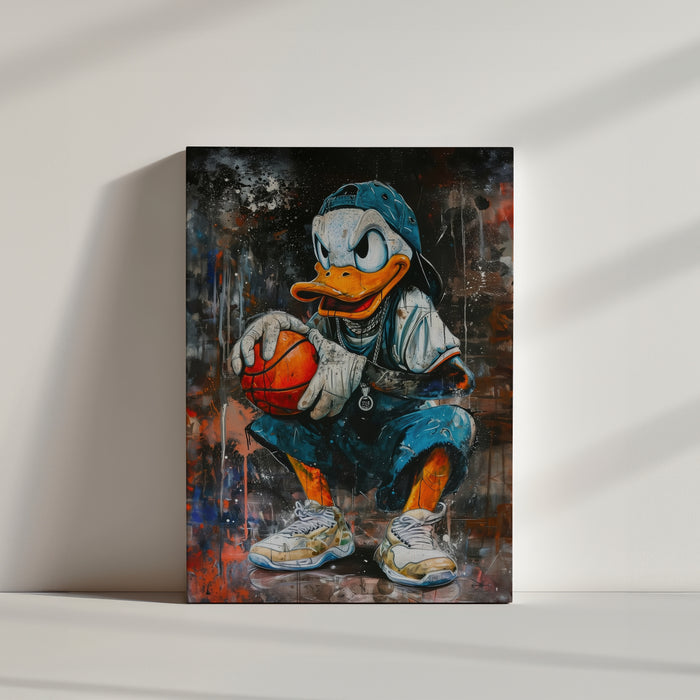 Graffiti-style canvas wall art of a cartoon character playing basketball, urban street sports vibe