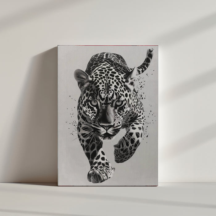 Monochrome panther wall art canvas, white backdrop with black paint splashes