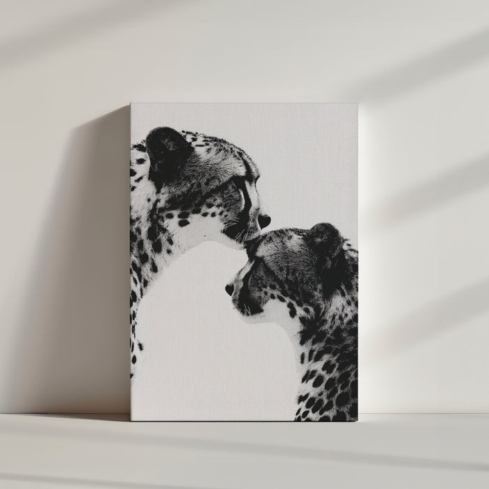 Cheetah mother nuzzling cub black and white canvas wall art for modern living room