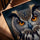 Tableau hibou yeux orange pour salon style chêne doré