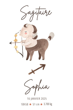 Decorative artwork of the Sagittarius astrological sign, illustrated with a centaur holding a bow. Personalized with the baby's name, birth date, weight, and length, ideal for unique and symbolic decor.