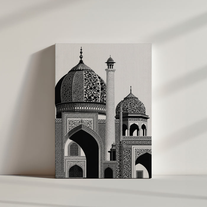 Tableau islamique architecture mosquée noir et blanc posé au sol ambiance minimaliste épurée