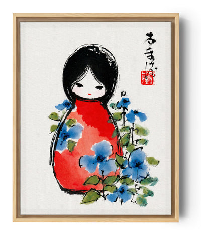 Japanese wall art print, red kimono girl with blue blossoms, watercolor ink illustration
