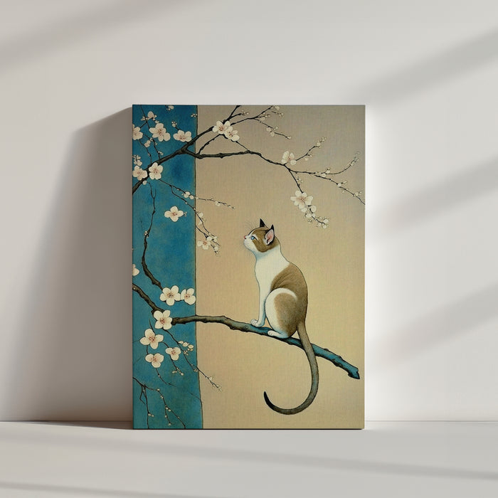 Japanese Cat Sakura Tree Art Print, Blue and Beige Background