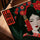 Tableau japonais geisha kimono rouge et noir pivoines décoration salon style asiatique élégant