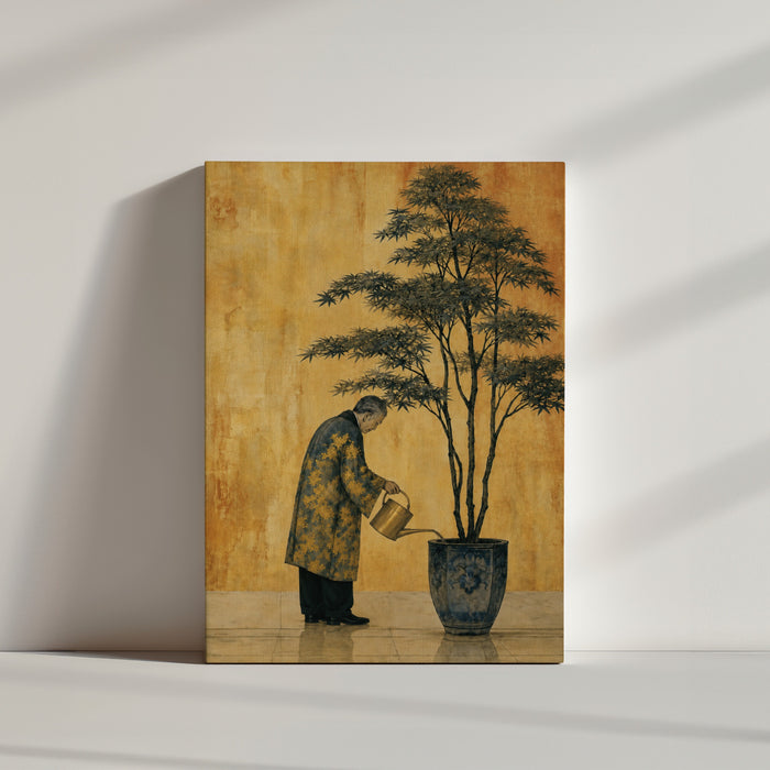 Japanisches Bild mit Gärtner und Ahorn auf Goldgrund in minimalistischem Interieur an weißer Wand