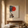 Japanese tea ceremony wall decor with red sun, pine branches and tea bowls for living room