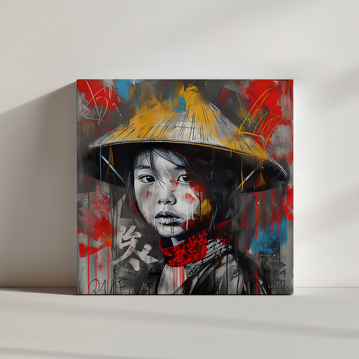 Japanese girl graffiti wall art canvas print with traditional straw hat