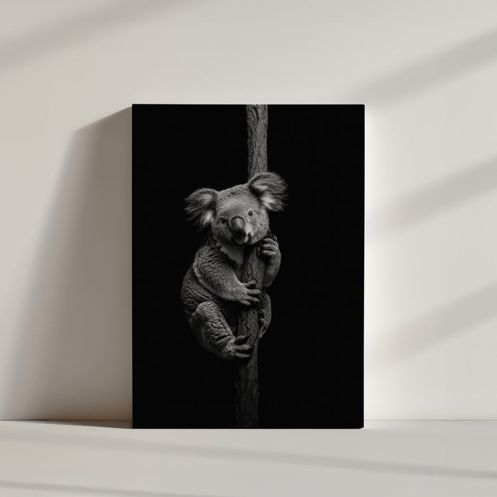 Monochrome koala portrait holding a tree trunk, gentle, curious look on a pure black background for dramatic contrast