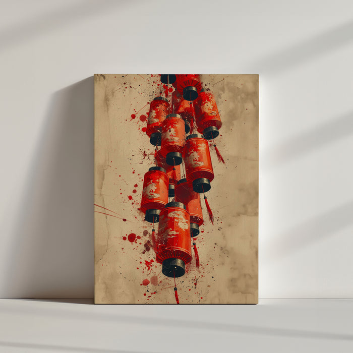 Toile décorative avec lanternes rouges asiatiques éclaboussées de peinture.