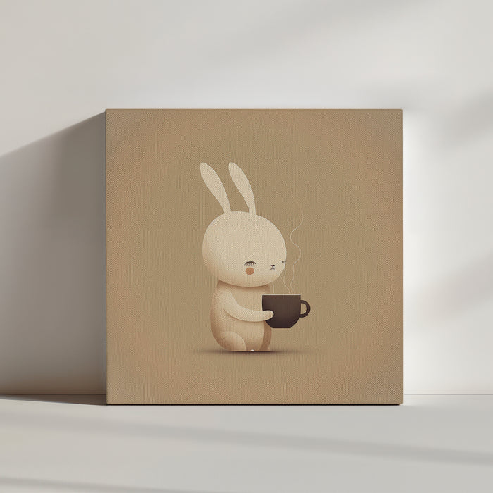 Canvas wall art of an adorable rabbit inhaling the scent of hot cocoa from its cup. Pastel and taupe palette softens the scene, bringing calm and serenity; chocolate brown hues suggest flavor and warmth.