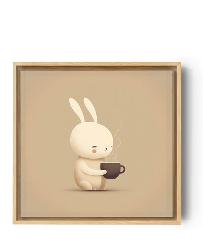Tableau d'un mignon lapin qui apprécie l'odeur du chocolat chaud émanant de sa tasse. Les couleurs pastelles et taupe sont présentes pour adoucir la scène, et inspiré calme et sérénité. Le marron vient rappeler le chocolat, son goût et sa chaleur par la même occasion.