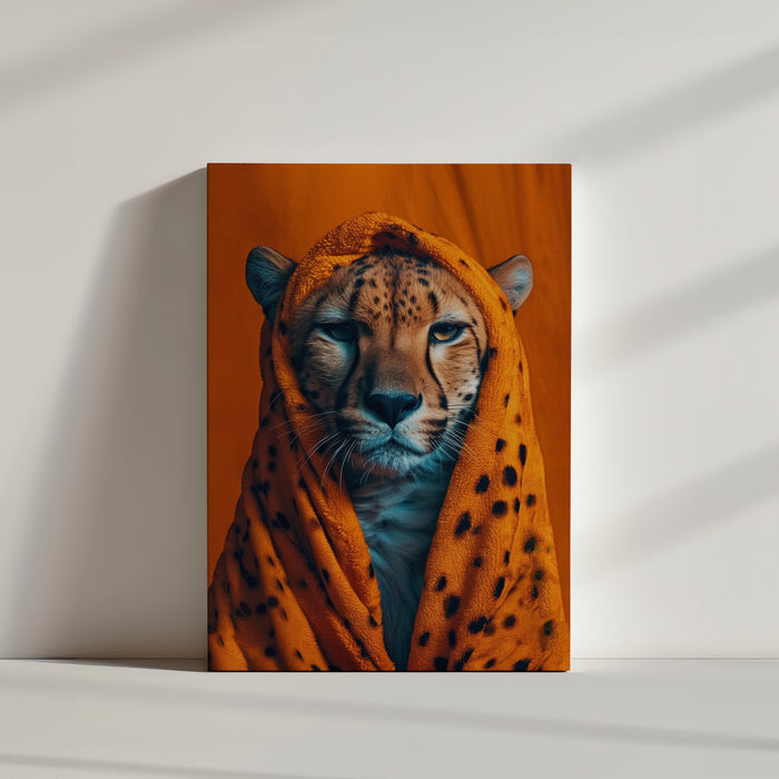tableau léopard énigmatique, drapé de taches, sur fond orange.