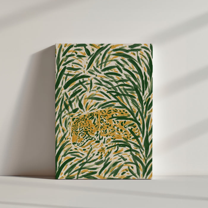 Tableau sur toile léopard jaune feuillage vert tropical décoration murale ambiance minimaliste