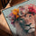 Lion with floral crown framed wall art - golden oak frame for living room