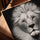 Tableau lion noir et blanc pour salon cadre chêne doré