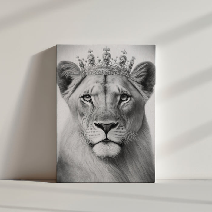 Black-and-white canvas print of a lioness wearing a crown