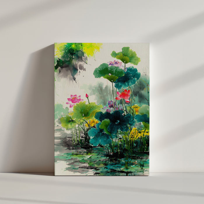 Lotus und Wasserblätter in buntem Aquarell, zen-artige und beruhigende Stimmung