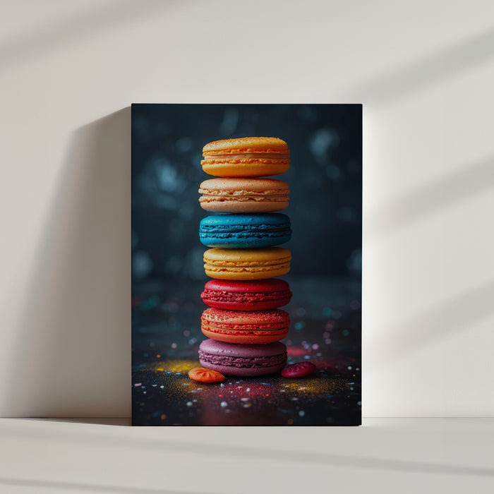 Artistic stack of colorful macarons on a dark background with sugar sprinkles — gourmet food wall art