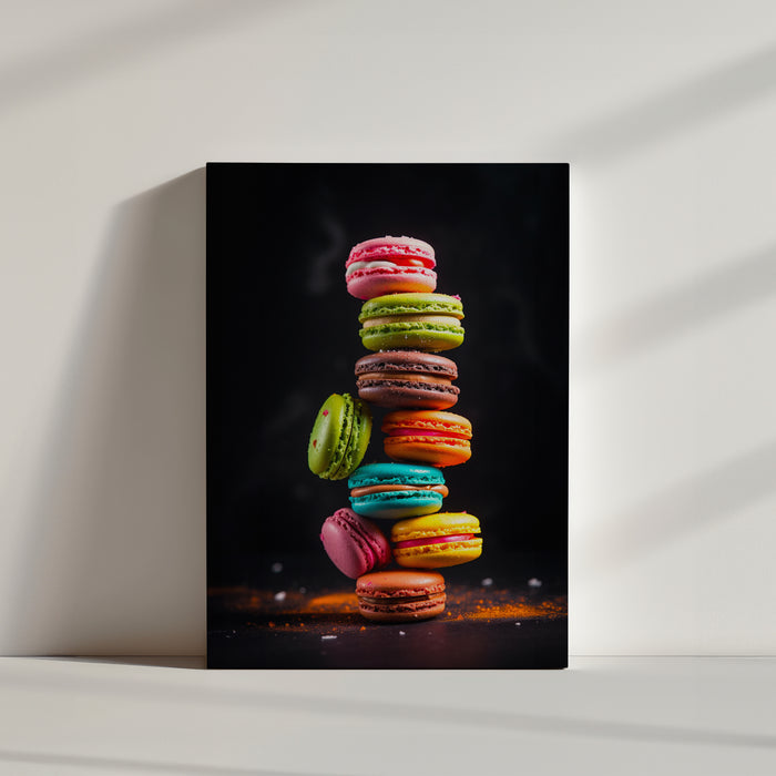 Colorful macarons canvas wall art on a dark background