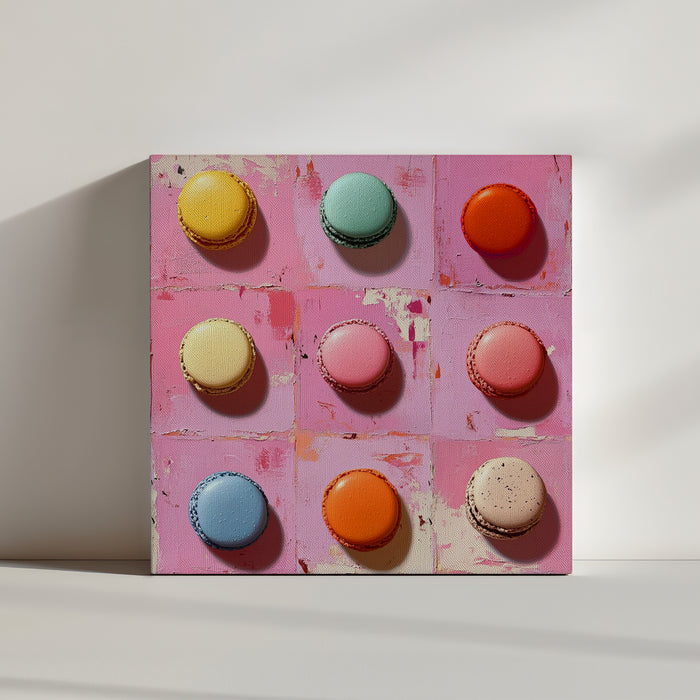 Une explosion de couleurs gourmandes avec ce tableau représentant neuf macarons aux teintes vives (jaune, bleu, rose, orange) disposés sur un fond rose texturé. Parfait pour insuffler une ambiance joyeuse et pétillante à une cuisine moderne.
