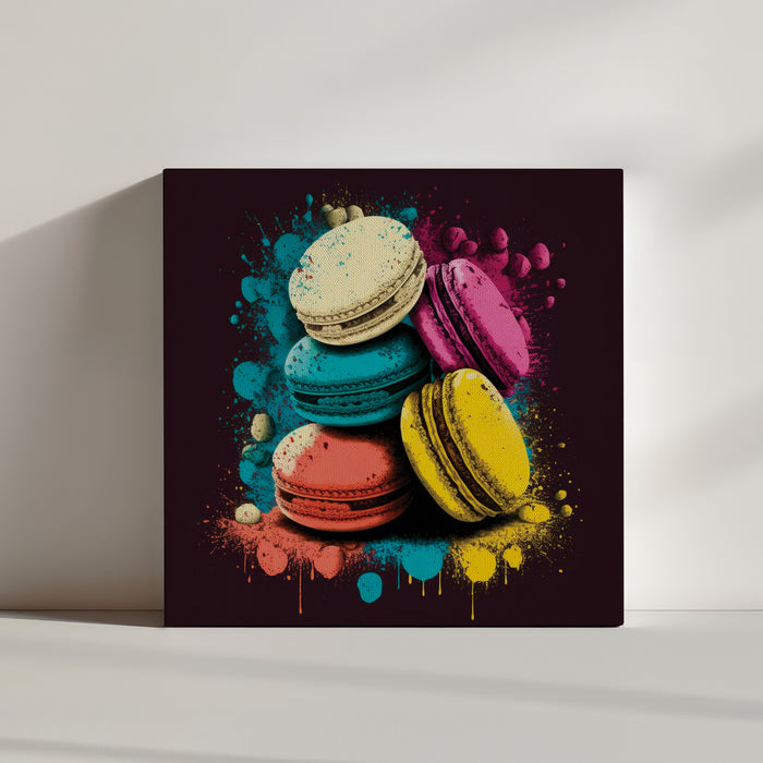 Un tableau avec macarons bleu, rose jaune orange et blanc disposé l'un au dessus de l'autre. Des éclaboussures jaillissent des macarons. Les couleurs sont vives et le fond est noir.