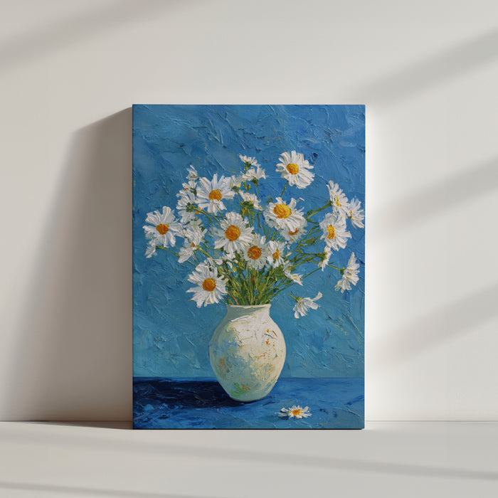 Bouquet de marguerites dans un vase, style impressionniste sur fond bleu apaisant