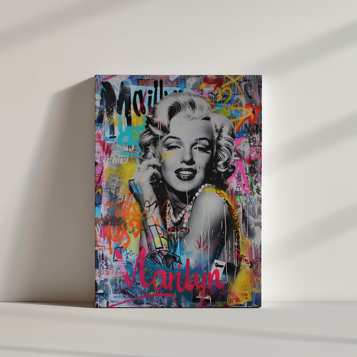 Marilyn Monroe street art canvas, vibrant dripping paint and graffiti tag details