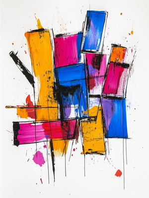 tableau abstrait composé de formes géométriques superposées aux couleurs vives. Des rectangles et des carrés, principalement peints en jaune, rose, bleu, orange, et violet, s'entrecroisent de manière dynamique. Les contours noirs accentuent les formes et apportent du contraste, tandis que des éclaboussures et des traits de peinture confèrent un aspect spontané et énergique à l'œuvre. Le fond blanc met en valeur ces couleurs vibrantes, offrant une composition à la fois chaotique et harmonieuse.