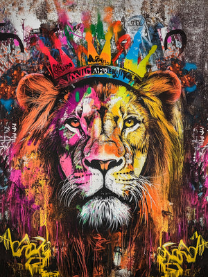 Vibrant artwork of a colorful lion in street art style with a crown. Perfect for modern and bold wall décor.