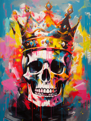 Street art painting depicting a skull adorned with a golden crown, surrounded by colorful splashes. The blend of vibrant contrasting tones brings an urban and daring touch. Perfect for dynamic and contemporary wall decor.
