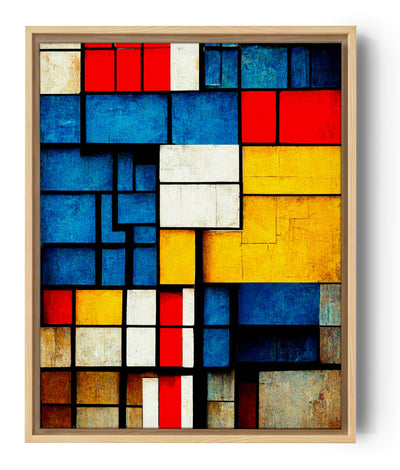Tableau pour salon, La toile "Composition A" de Mondrian revisitée de manière à mettre en valeur sa profondeur et son intensité. Des éléments de style industriel ont été intégrés pour ajouter une touche contemporaine à l'œuvre pour une version actualisée, plus moderne