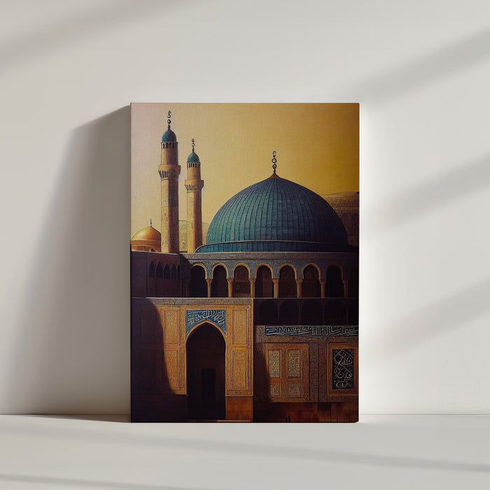 Sunrise over Al-Aqsa Mosque, Jerusalem canvas print—glowing turquoise dome, rising minarets, warm brown and blue palette, Arabic calligraphy