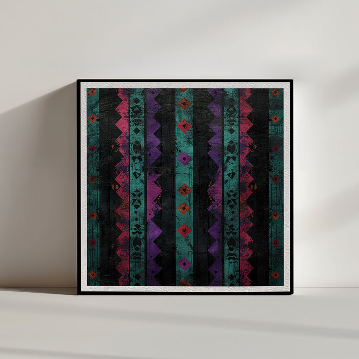 Un motif africain avec des bandes verticales de couleurs turquoise, violette, noire, et rouge, semblable à celui de la première image.